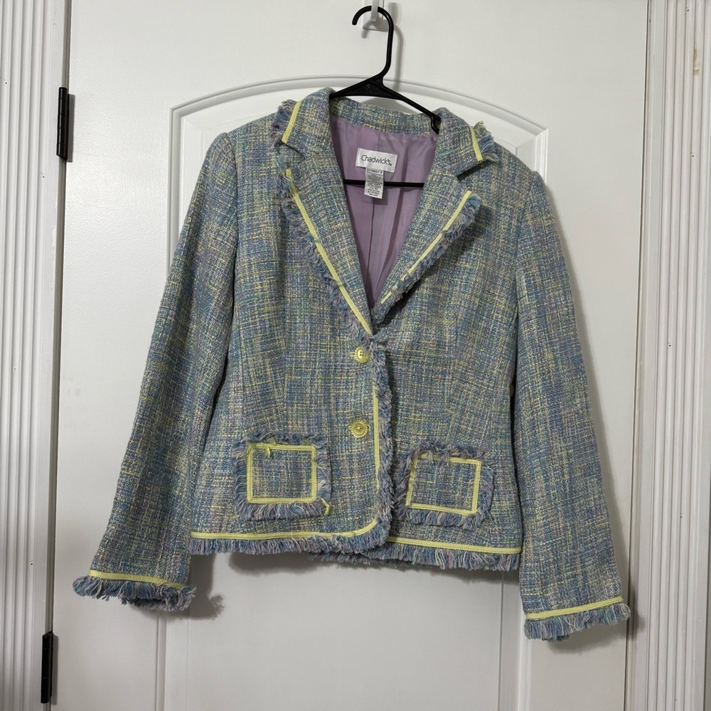 Chadwick’s Vintage Tweed Blazer With Fringe Trim Women’s Size 10 Pastel Colors